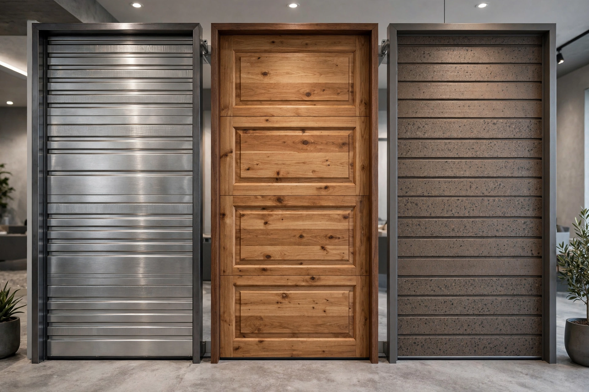 Garage door material samples: steel, wood and composite in a showroom