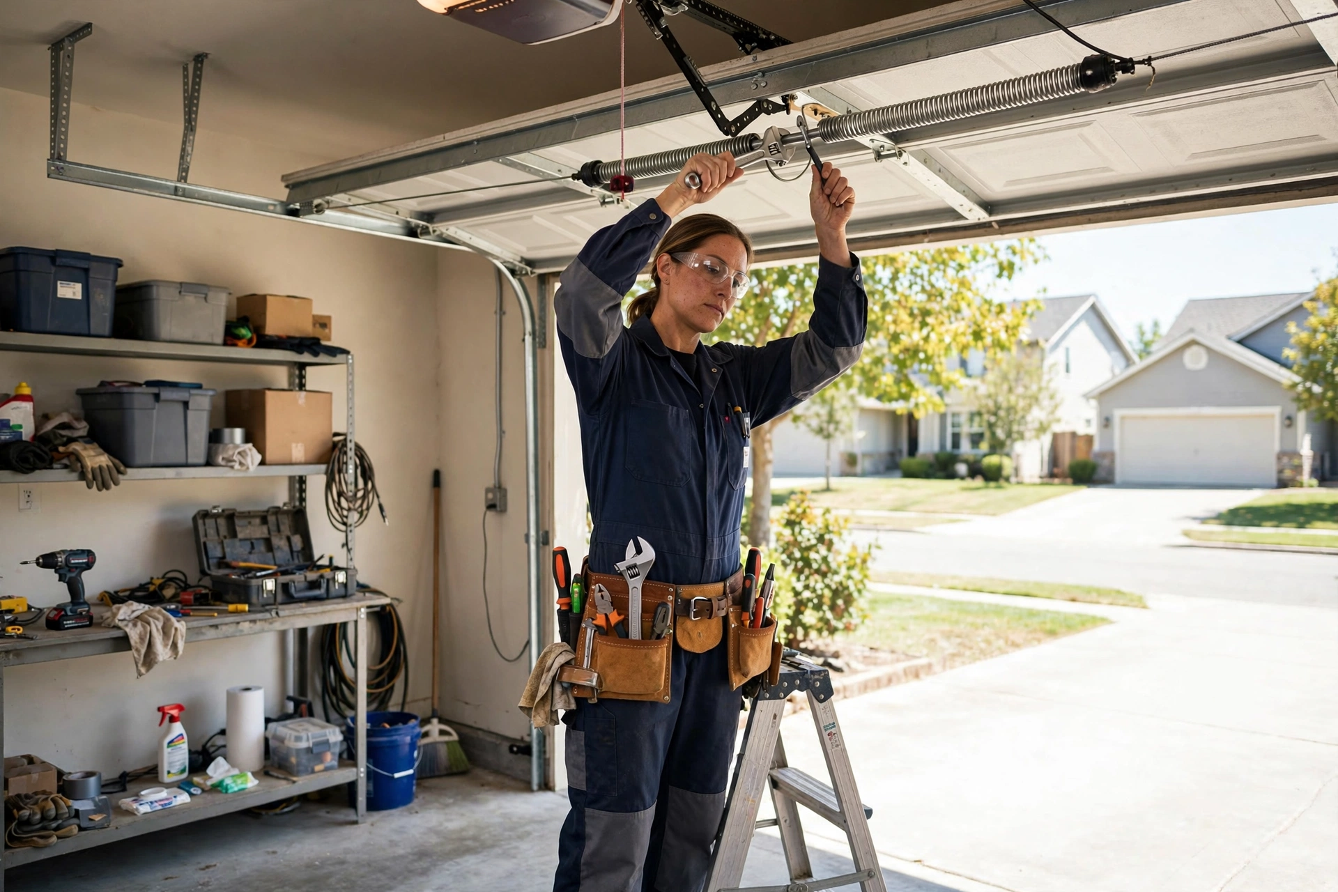 Technician repairing a garage door spring in Franklin TN