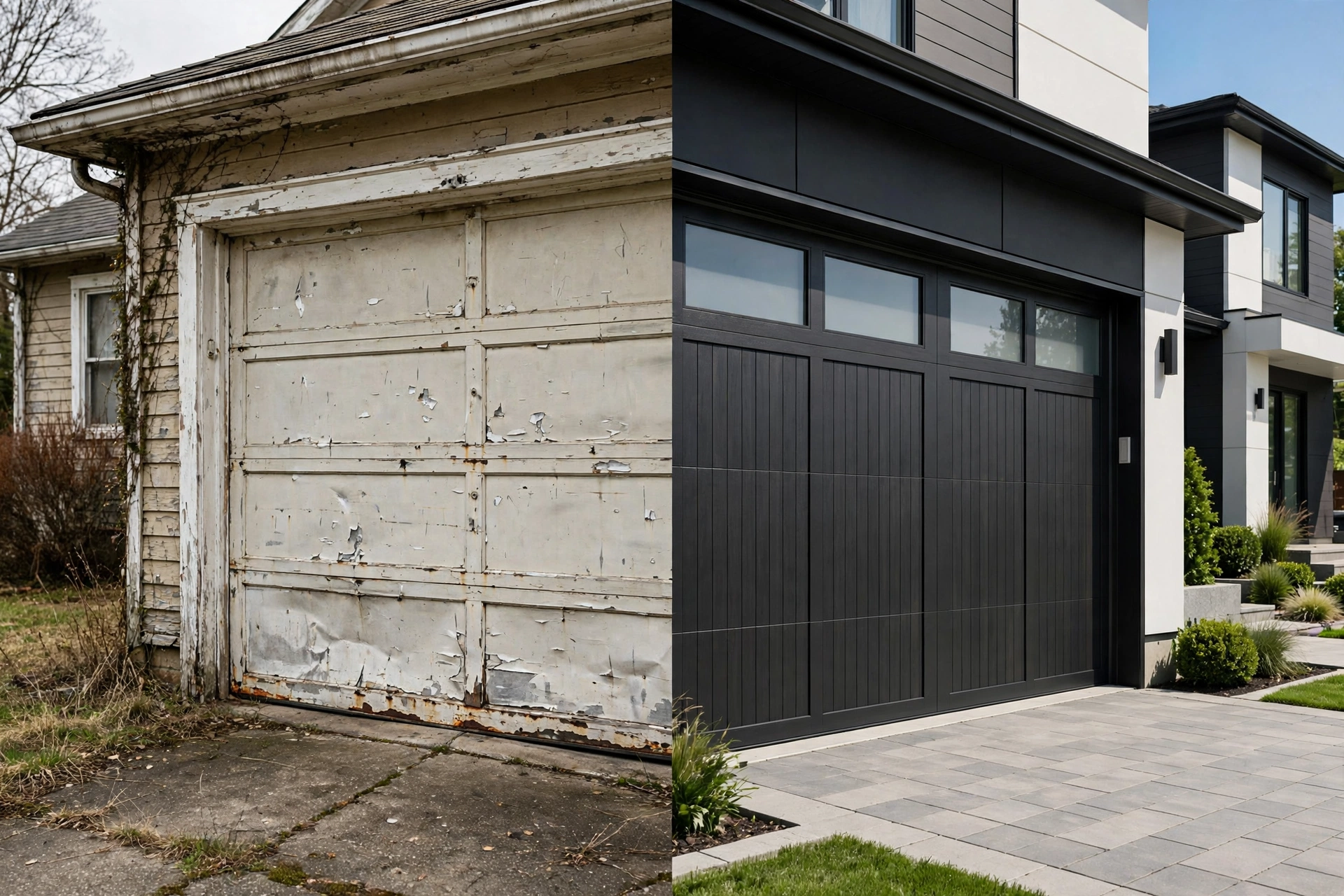 Old worn garage door next to a new modern garage door
