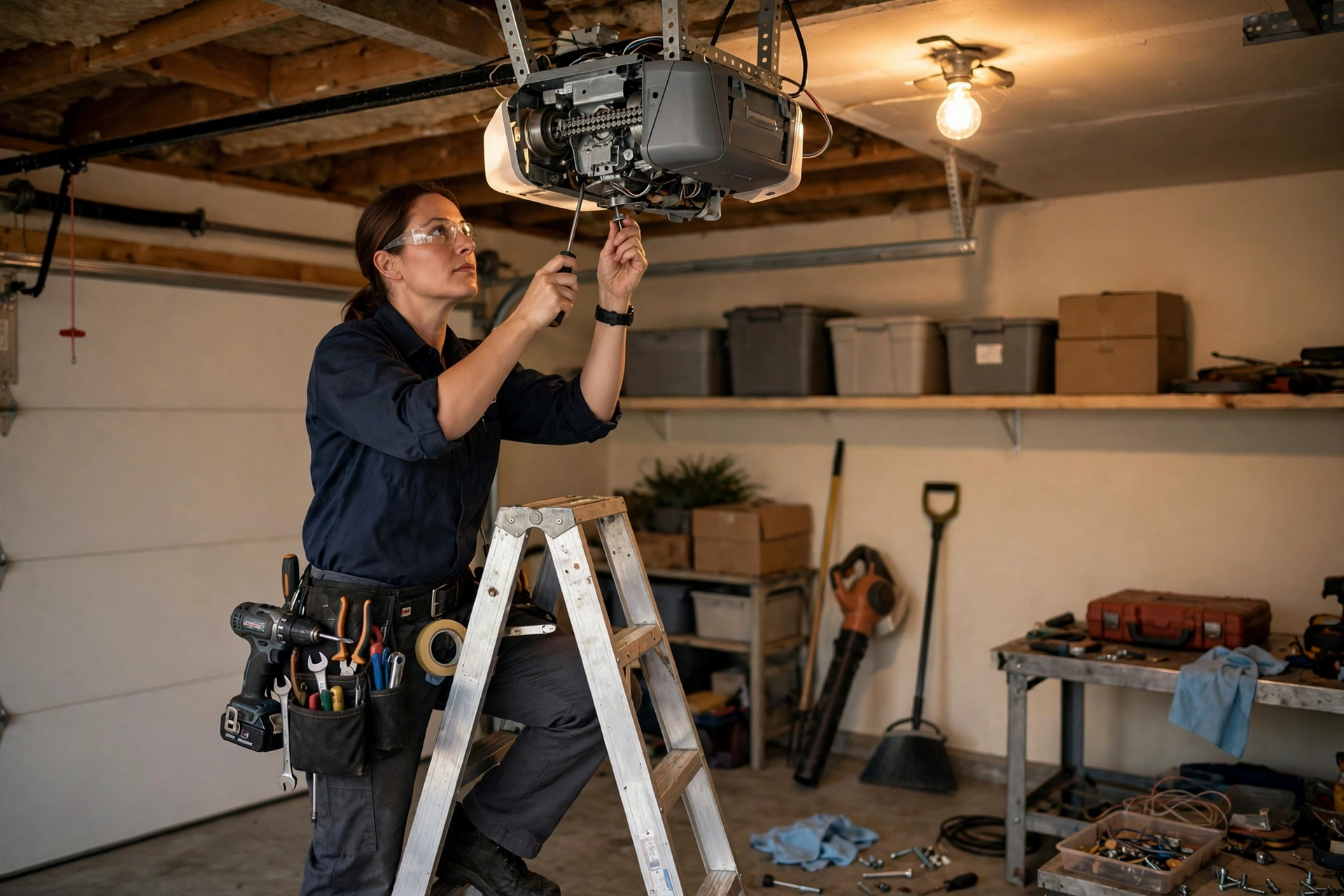 Technician servicing a garage door opener motor in Franklin TN