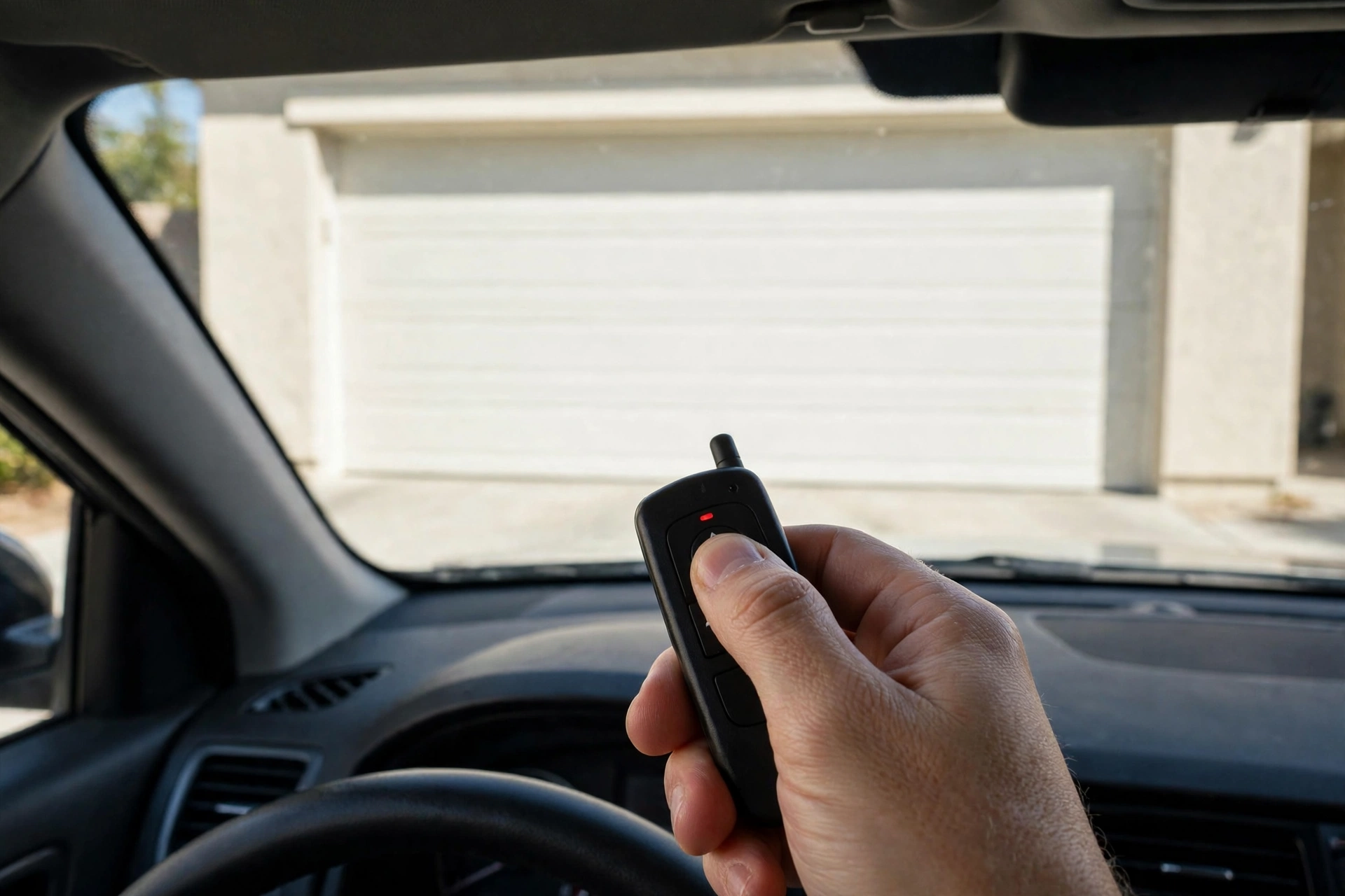 Hand holding a garage door remote control inside a car in Franklin TN