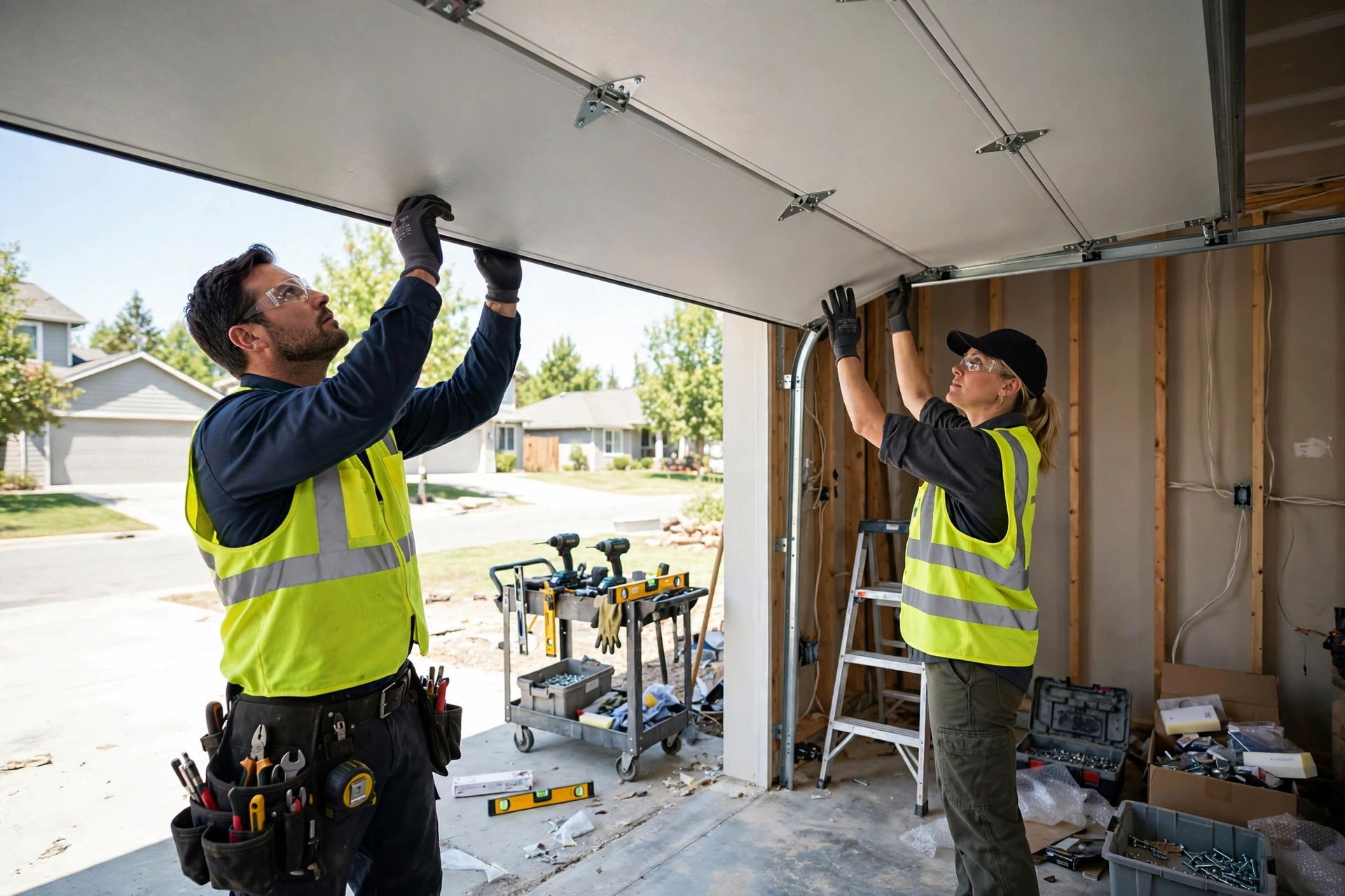 Technicians installing a new sectional garage door in Franklin TN