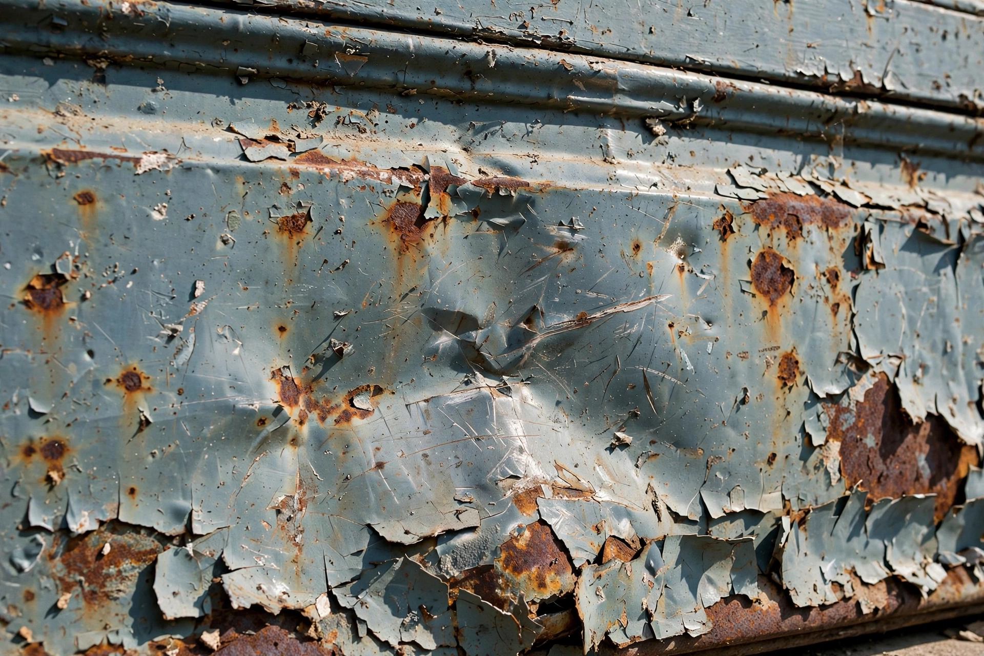 Old damaged garage door with dents and rust in Franklin TN