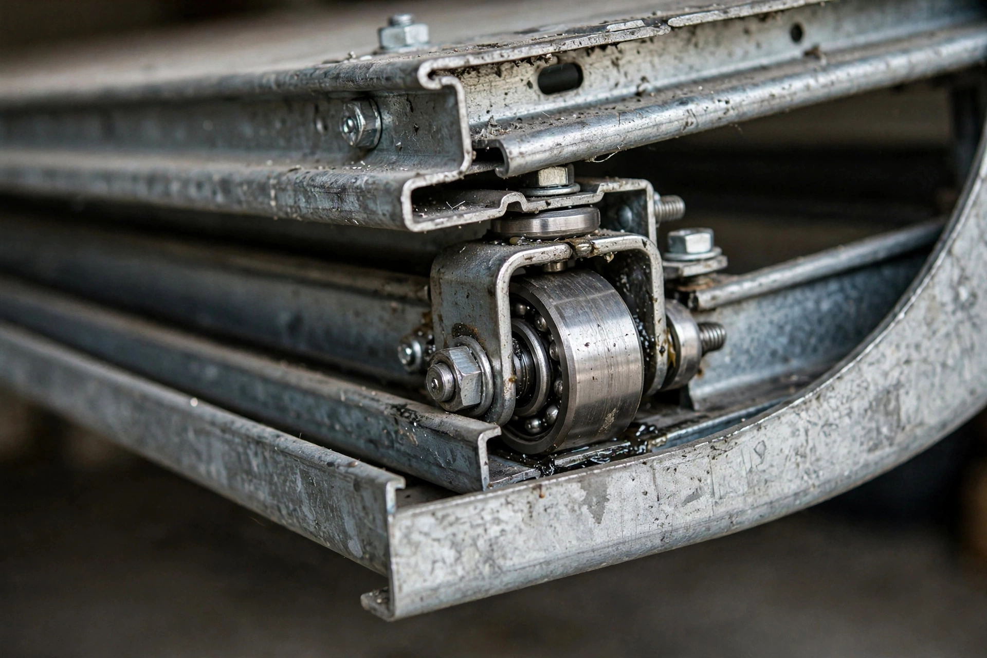 Close-up of garage door track and rollers hardware in Franklin TN